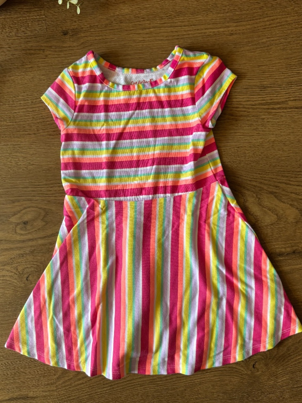 Cat & Jack Girls Rainbow Stripe Dress Size 4T Short Sleeve Cotton Twirl Dress